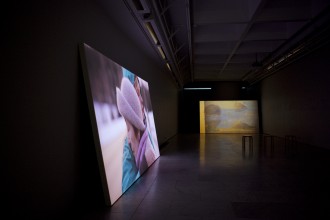 Installation shot of the show Shine on You, Eevaliisa, comprising of the trilogy of video works / 3 x 4m by 2,25m / HD video, stereo sound, painted wood / Helsinki Art Museum Kluuvi Gallery / 2014