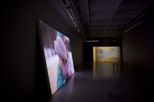 Installation shot of the show Shine on You, Eevaliisa, comprising of the trilogy of video works / 3 x 4m by 2,25m / HD video, stereo sound, painted wood / Helsinki Art Museum Kluuvi Gallery / 2014